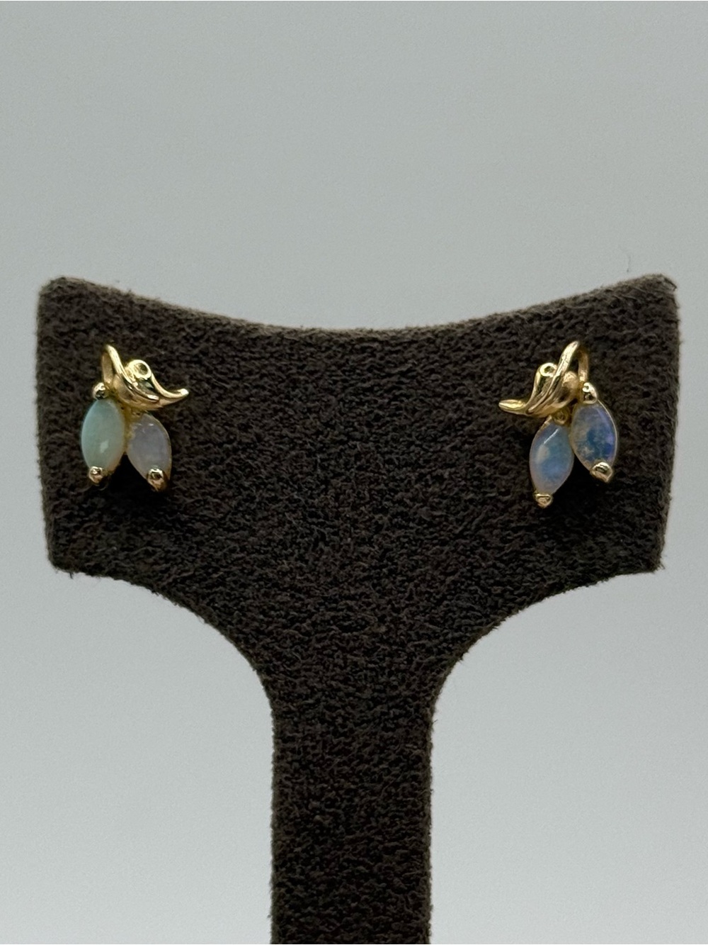 Gold Leaf Opal Marquise Stud Earrings - Blue/Green